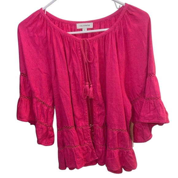Calligraphie Tops - NWT Calligraphie Linen Tie Front Bell Sleeve Top Hot Pink 🩷Large Bohemian